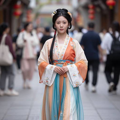 Photograph of an Asian woman in traditional orange and white hanbok with floral embroidery, blue pleated skirt, and hair adorned with flowers, standing
