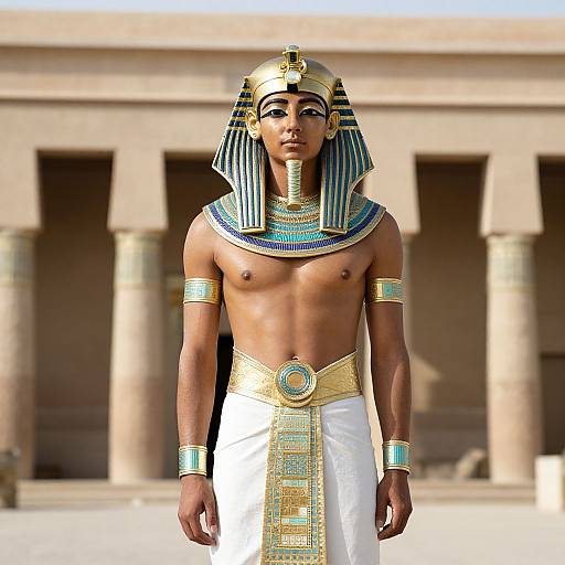 Photorealistic CGI of a young, muscular, dark-skinned pharaoh with blue and gold headdress, necklace, armlets, and white k