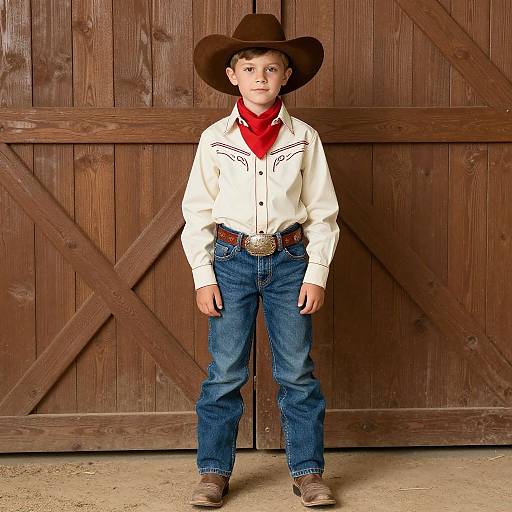 Photograph of a young boy in cowboy attire: white long-sleeve shirt, red bandana, blue jeans, brown belt, brown hat,