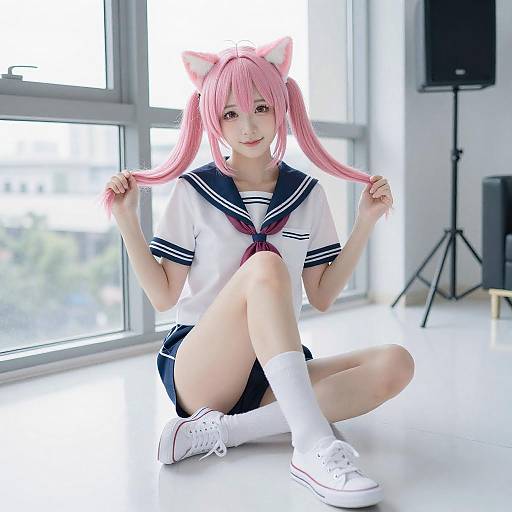 Pink-Haired Anime Girl Sitting Indoors