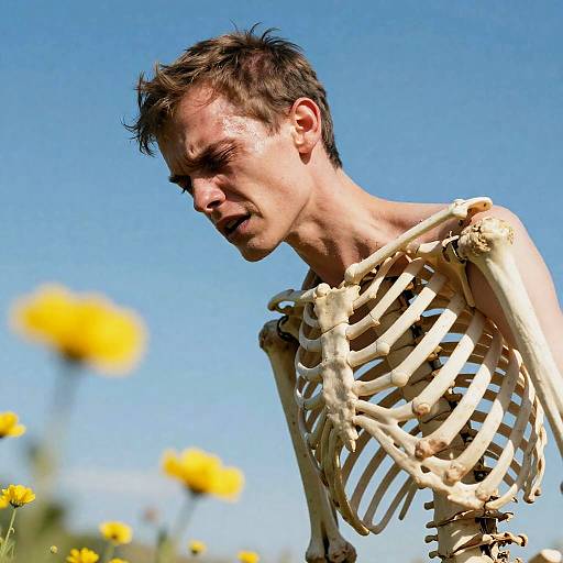 Emaciated Figure Amidst Vibrant Nature