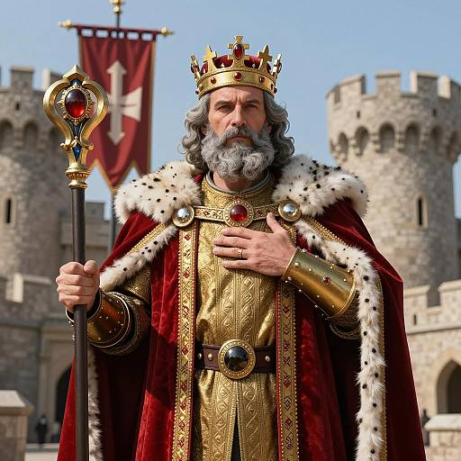 Medieval King in Regal Costume with Crown and Staff