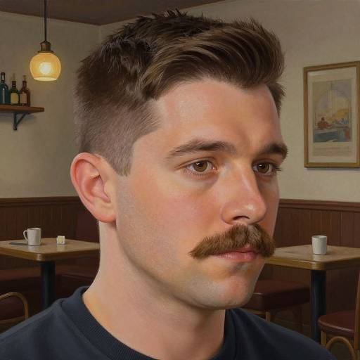 Photorealistic digital portrait of a young man with short brown hair, mustache, and black shirt, sitting in a cozy café with wooden furniture and