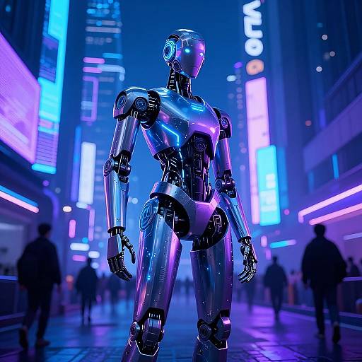 Photograph of a shiny, futuristic robot in a neon-lit urban street, surrounded by blurred, silhouetted pedestrians and vibrant blue and purple