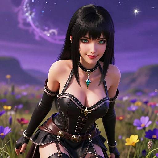 Digital artwork of a black-haired, green-eyed woman in a black leather corset, choker, and arm sleeves, with a glowing pendant, in