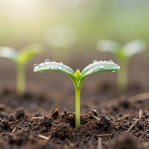 Photograph of a small green seedling with water droplets on its leaves, standing in dark, textured soil with blurred background.