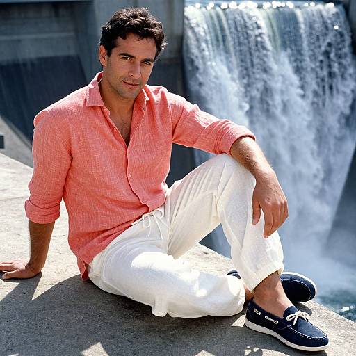 Photograph of a handsome, dark-haired man in a pink shirt and white pants, sitting by a waterfall, wearing black slip-on shoes.