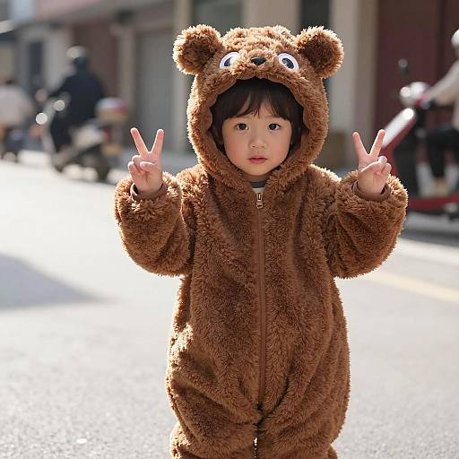 Photograph of an Asian toddler in a brown bear costume with bear ears and eyes, making double peace signs on a sunny street. Blurred background includes
