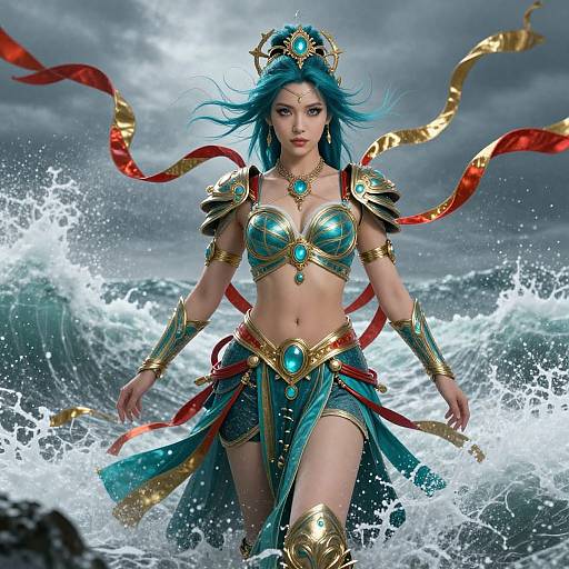 Majestic Warrior Woman in Stormy Ocean