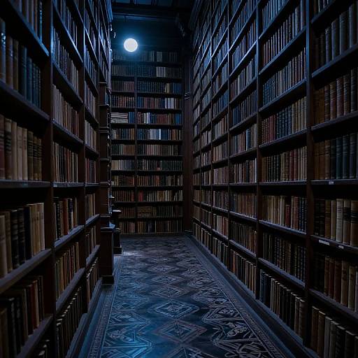 Photograph of a dimly lit, narrow library aisle with towering shelves of books, illuminated by a single, glowing moon-like light. Dark wood,