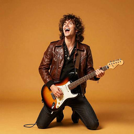 Photograph of a curly-haired man in a brown leather jacket, black shirt, and jeans, kneeling, passionately playing a sunburst electric guitar against a
