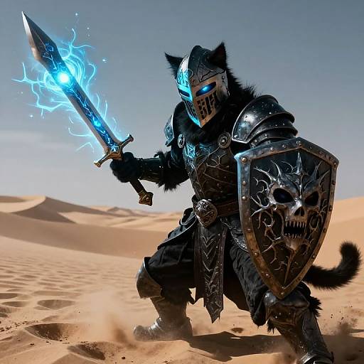 Digital art of a black-furred, cat-headed warrior in glowing blue armor, holding a lightning-infused sword and a skull-adorned shield,