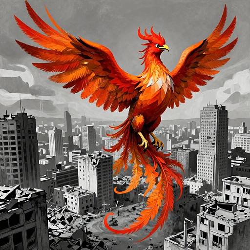 Digital illustration of a vibrant, red and orange phoenix with outstretched wings soaring above a grayscale, cityscape of tall buildings.
