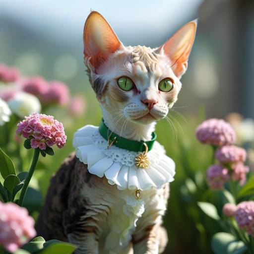 Realistic Devon Rex Cat Among Flowers