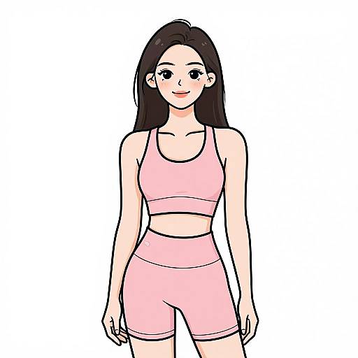 Digital drawing of a smiling Asian woman with long black hair, wearing pink sports bra and shorts, standing against a white background.