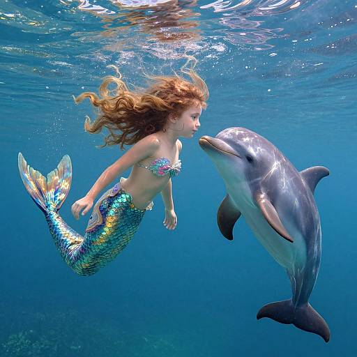 Photograph of a mermaid with long red hair and colorful scales, swimming underwater beside a dolphin, in clear blue ocean water.