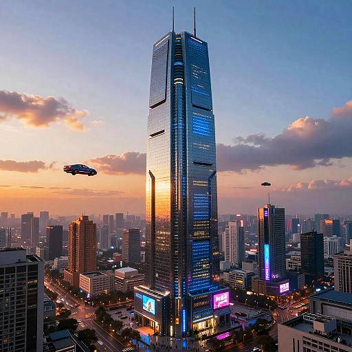 Futuristic Cyberpunk Cityscape at Sunset