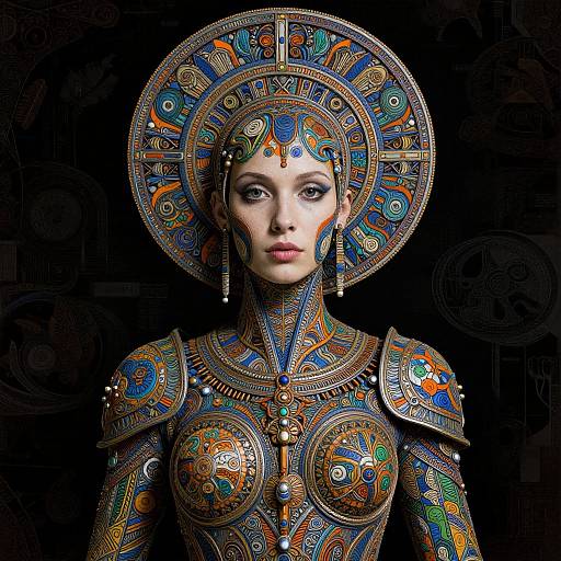 Digital artwork of a woman in intricate, colorful, ornate armor with a large, circular headdress, set against a dark background.