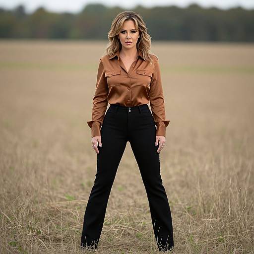 Photograph of a confident woman with wavy brown hair, wearing a brown satin blouse and black high-waisted pants, standing in a vast,