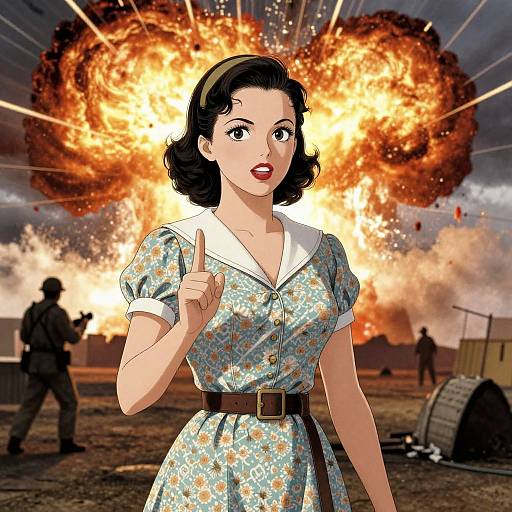 Digital illustration of a 1950s-style woman with dark hair, floral dress, and brown belt, pointing forward against a backdrop of massive, fiery