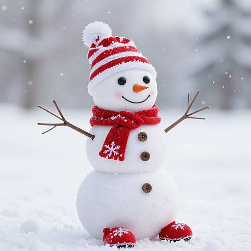 Photograph of a cheerful snowman in red hat, scarf, and boots, with a carrot nose, black eyes, and buttoned front, standing