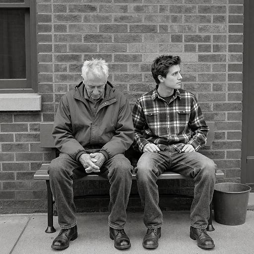 Black and White Photo of Two Men Sitting on Bench
