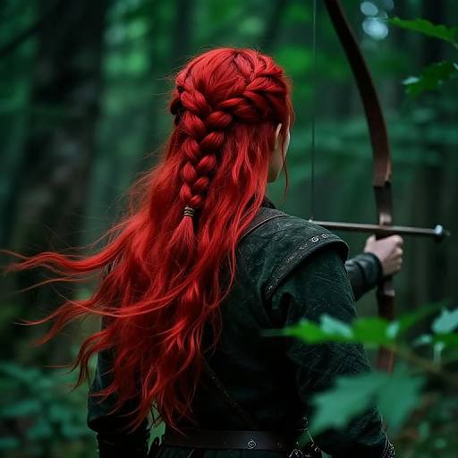 Photograph of a woman with vibrant red braided hair, wearing dark medieval armor, holding a bow in a dense, green forest.