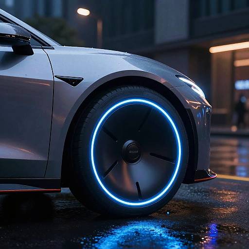 Futuristic Electric Car Wheel with Glowing Blue Lights