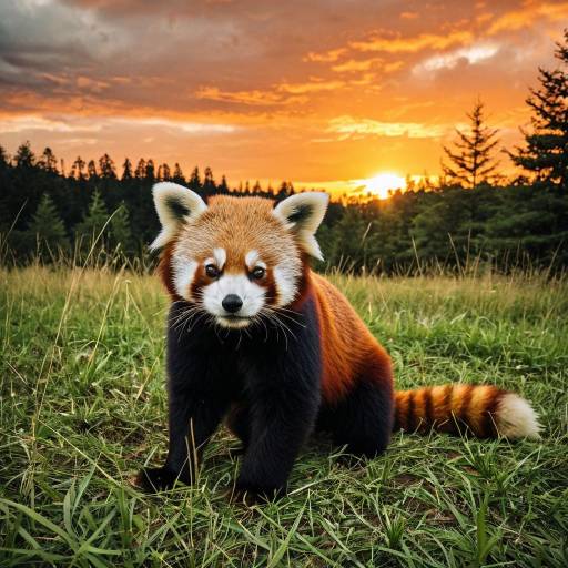 Red Panda at Sunset in Grass Field