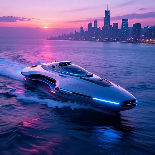 Photograph of a futuristic white high-speed boat with blue neon lights speeding on a reflective, purple-pink sunset-lit ocean, with a city skyline