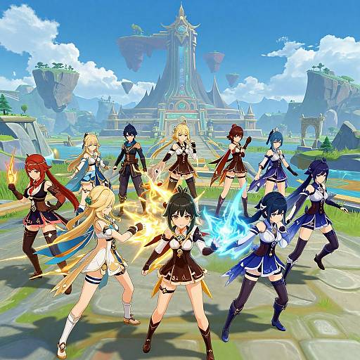 Digital anime-style illustration of seven female warriors with diverse hair colors, wielding fire and ice abilities, in front of a futuristic, floating temple. Bright,