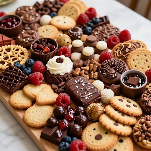 Photograph of a colorful, abundant dessert platter featuring assorted chocolates, cookies, berries, nuts, and cream, arranged neatly on a wooden board.