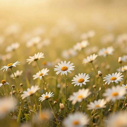 Photograph of a sunlit field filled with white daisies with yellow centers, blurred background, creating a warm, golden glow.