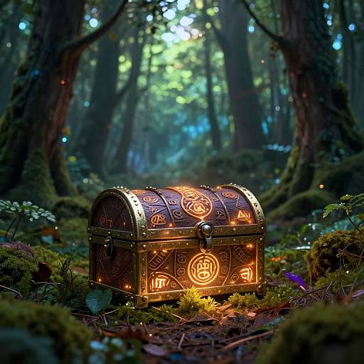 Photograph of a glowing, intricately designed treasure chest with runes, illuminated in a mystical forest with lush greenery and dappled sunlight.