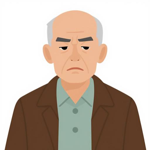 Cartoon-style digital drawing of an elderly man with bald head, pale skin, dark eyebrows, sad expression, wearing a brown jacket over a green shirt