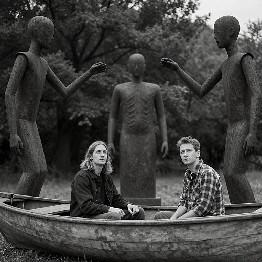 Men in Boat Among Rusted Sculptures
