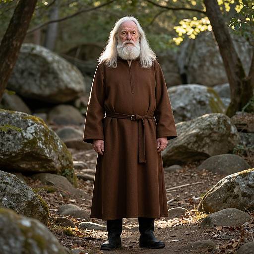 Photograph of an elderly white man with a long white beard, wearing a brown monk robe, standing in a sunlit forest path surrounded by large rocks