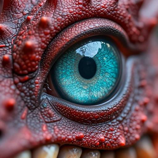 Close-up photograph of a vivid blue dragon eye with intricate scales in red and black, reflecting a bright sky.