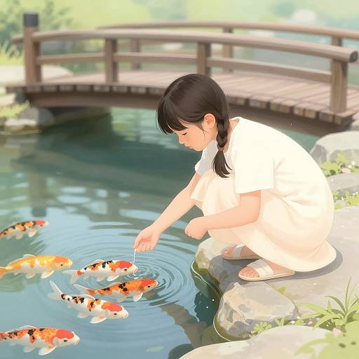 Japanese Girl Playing with Koi Fish