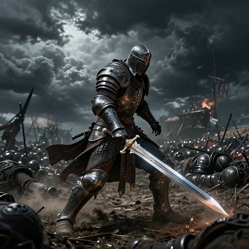 Epic digital artwork of a armored knight, helmeted, wielding a glowing sword, charging through a battlefield of fallen armor and debris under a stormy