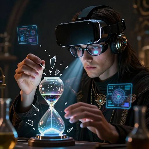 Photograph: Young woman with long dark hair, wearing VR headset, glasses, and headphones, operates a glowing hourglass in a dim, futuristic laboratory