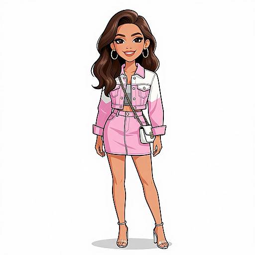 Digital cartoon of a stylish woman with long brown hair, wearing a pink and white jacket, pink shorts, white high heels, and hoop earrings, standing
