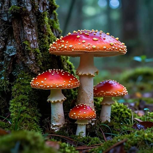 Photograph of vibrant, orange-red mushrooms with white speckles, standing on mossy forest ground, beside a moss-covered tree trunk.