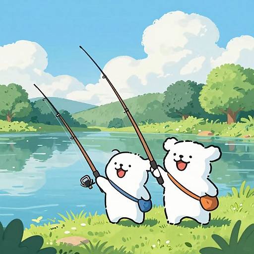 Joyful Duo Fishing by Serene Lake