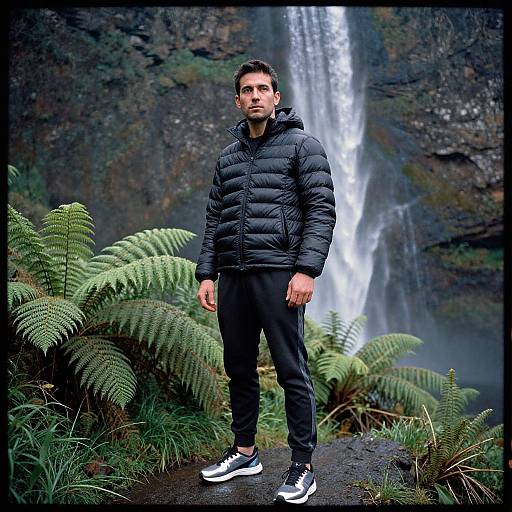 Photograph of a serious, short-haired man in a black puffer jacket, black pants, and white sneakers standing in front of a tall waterfall with