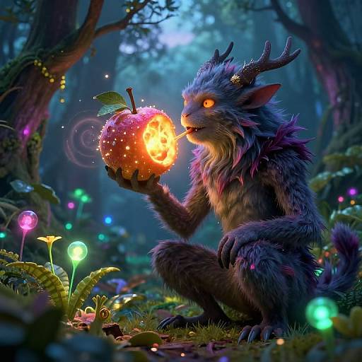 Digital fantasy artwork of a furry, horned creature with glowing orange eyes, holding a glowing, enchanted apple in a magical forest.