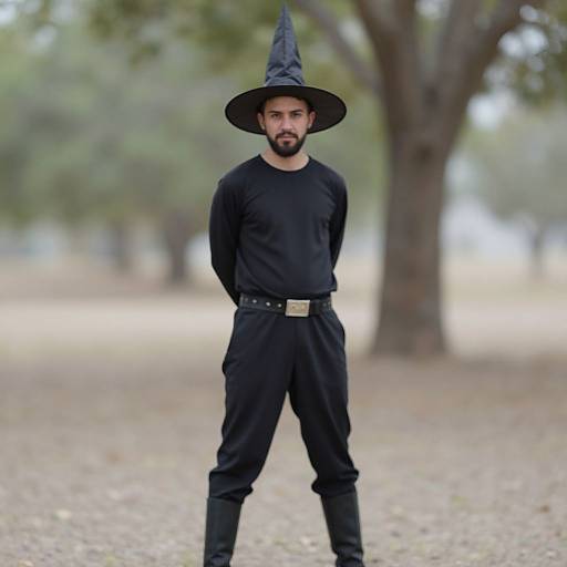 Photograph of a bearded man in a black witch hat, long-sleeve shirt, pants, and boots, standing in a blurred park.