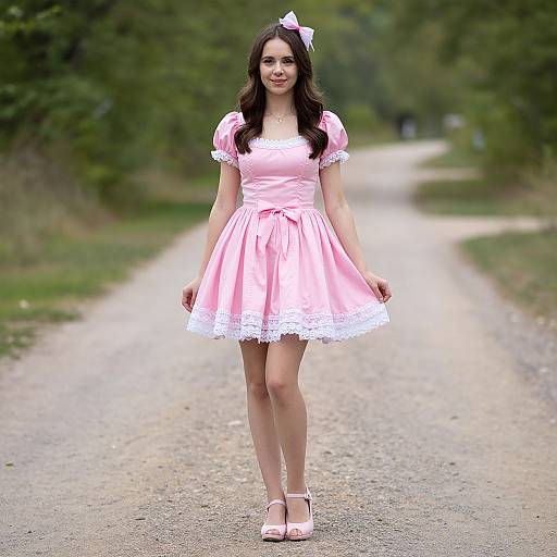 Woman in Pink Dress on Dirt Road