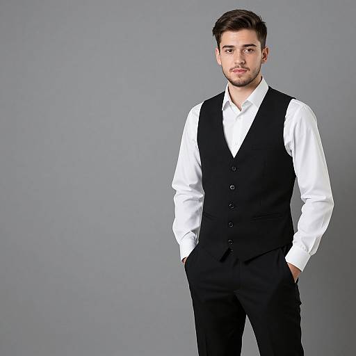 Photograph of a young, handsome man with short brown hair, light skin, and trimmed beard, wearing a black vest, white shirt, and black