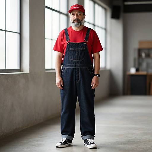 Photograph of a middle-aged man with a gray beard, wearing a red shirt, black overalls, red cap, and black sneakers, standing in